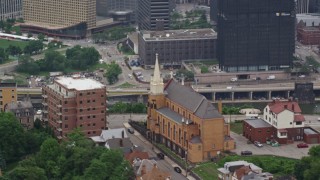 4.8K aerial stock footage orbiting St. Mary of the Mount Church on a Hillside, Pittsburgh, Pennsylvania Aerial Stock Footage | AX105_232