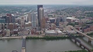 4.8K aerial stock footage orbiting skyscrapers near the river, Downtown Pittsburgh, Pennsylvania Aerial Stock Footage | AX105_233