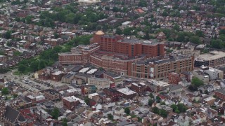 4.8K aerial stock footage approaching suburbs and a hospital, Pittsburgh, Pennsylvania Aerial Stock Footage | AX105_238E