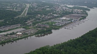 4.8K aerial stock footage of riverfront office buildings and marina, Pittsburgh, Pennsylvania Aerial Stock Footage | AX105_246E