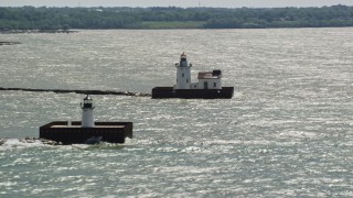 4.8K aerial stock footage of two lighthouses on Lake Erie in Cleveland, Ohio Aerial Stock Footage | AX106_208