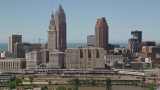 AX106_219 - 4.8K aerial stock footage of skyscrapers in Downtown Cleveland, Ohio