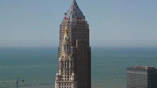 4.8K aerial stock footage of Terminal Tower and Key Tower in Downtown Cleveland, Ohio Aerial Stock Footage | AX106_235E