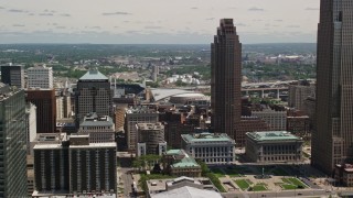 4.8K aerial stock footage of Cleveland Public Library and Cleveland Mall in Downtown Cleveland, Ohio Aerial Stock Footage | AX106_242E