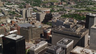 4.8K aerial stock footage flying by office buildings in Downtown Cleveland, Ohio Aerial Stock Footage | AX106_252