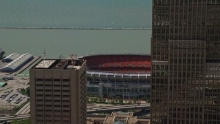 AX106_262 - 4.8K aerial stock footage of FirstEnergy Stadium, formerly Cleveland Browns Football Stadium in Downtown Cleveland, Ohio