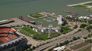 4.8K aerial stock footage of the Rock and Roll Hall of Fame in Downtown Cleveland, Ohio Aerial Stock Footage | AX106_263