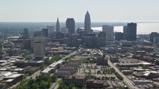 4.8K aerial stock footage of Downtown Cleveland skyscrapers and Cleveland State University, Ohio Aerial Stock Footage | AX107_004E