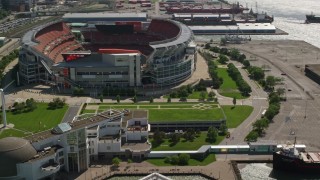 AX107_012 - 4.8K aerial stock footage orbiting FirstEnergy Stadium, formerly Cleveland Browns Football Stadium, Ohio