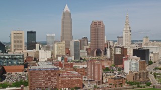 4.8K aerial stock footage approaching Downtown Cleveland skyline, Ohio Aerial Stock Footage | AX107_018E