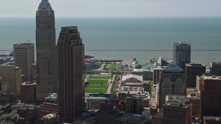 AX107_025E - 4.8K aerial stock footage of 200 Public Square and Cleveland Mall, Ohio