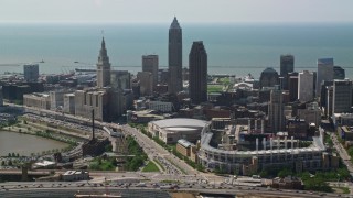 4.8K aerial stock footage of Progressive Field in Downtown Cleveland, Ohio Aerial Stock Footage | AX107_027E