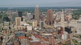 AX107_034E - 4.8K aerial stock footage of Key Tower and Terminal Tower, Downtown Cleveland, Ohio