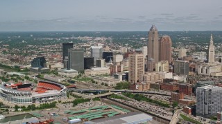 AX107_038E - 4.8K aerial stock footage of Downtown Cleveland and FirstEnergy Stadium, formerly Cleveland Browns Stadium, Ohio