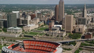 AX107_041E - 4.8K aerial stock footage of Cleveland Mall, FirstEnergy Stadium, formerly Cleveland Browns Stadium and City Hall, Downtown Cleveland, Ohio