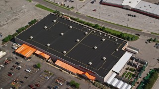 AX107_058E - 4.8K aerial stock footage approaching Home Depot, Cleveland, Ohio