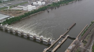 4.8K aerial stock footage flying over a river revealing a dam, Ohio River, Pittsburgh, Pennsylvania Aerial Stock Footage | AX107_160E