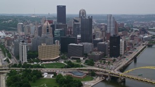 4.8K aerial stock footage of Point State Park and skyscrapers, Downtown Pittsburgh, Pennsylvania Aerial Stock Footage | AX107_172E