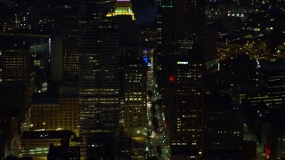 4K aerial stock footage of a medium shot of skyscrapers, Downtown Pittsburgh, Pennsylvania, night Aerial Stock Footage | AX108_208