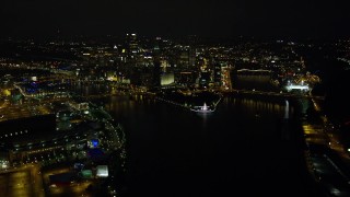 4K aerial stock footage of Point State Park and Downtown Pittsburgh, Pennsylvania, night Aerial Stock Footage | AX108_233E