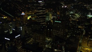 4K aerial stock footage flying through the center of Downtown Pittsburgh, Pennsylvania, night Aerial Stock Footage | AX108_237E