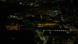 4K aerial stock footage approaching VA Pittsburgh Healthcare System, Pittsburgh, night Aerial Stock Footage | AX108_240E