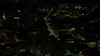 4K aerial stock footage flying over University of Pittsburgh campus, Pittsburgh, Pennsylvania, night Aerial Stock Footage | AX108_243E