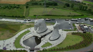 5.5K aerial stock footage of The Kelpies sculptures in Falkirk, Scotland Aerial Stock Footage | AX109_131