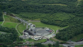 5.5K aerial stock footage of panning across the Falkirk Wheel in Scotland Aerial Stock Footage | AX109_138E