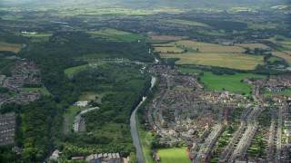 AX109_158E - 5.5K aerial stock footage of Falkirk Wheel boat lift by Union Canal and Scottish countryside, Scotland