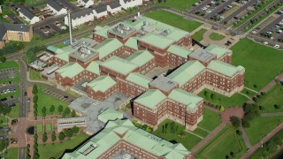 AX110_147 - 5.5K aerial stock footage of orbiting Golden Jubilee Hospital, Glasgow, Scotland