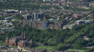 AX110_173E - 5.5K aerial stock footage of University of Glasgow, Kelvingrove Art Gallery and Museum, Scotland