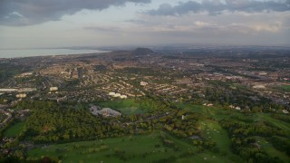 5.5K aerial stock footage approach residential neighborhoods, Edinburgh, Scotland at sunset Aerial Stock Footage | AX112_006E