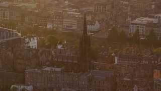 5.5K aerial stock footage of The Hub cathedral in Edinburgh, Scotland at sunset Aerial Stock Footage | AX112_047