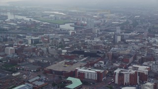 5.5K aerial stock footage approach River Lagan and M3 Bridge from cityscape, Belfast Northern Ireland Aerial Stock Footage | AX113_115E