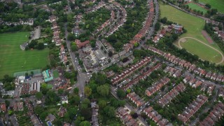 5.5K aerial stock footage of flying over residential neighborhoods, London, England Aerial Stock Footage | AX114_018