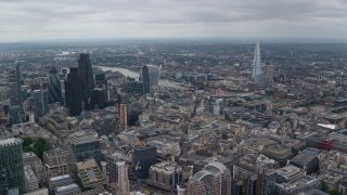 AX114_045E - 5.5K aerial stock footage fly over 20 Fenchurch Street toward Tower Bridge and River Thames, London, England