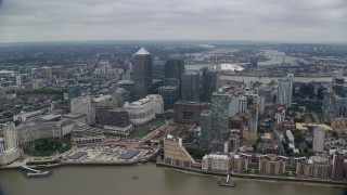 5.5K aerial stock footage of orbiting skyscrapers in Canary Wharf, London, England Aerial Stock Footage | AX114_130E