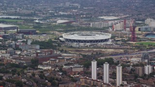 AX114_154E - 5.5K aerial stock footage of a view of Olympic Stadium, London, England