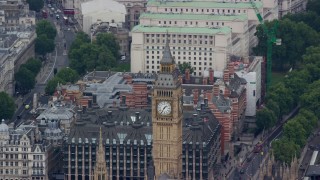 5.5K aerial stock footage of orbiting Big Ben revealing HM Treasury, London, England Aerial Stock Footage | AX114_226E