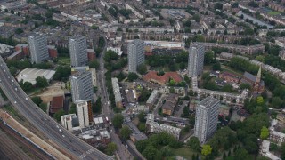 5.5K aerial stock footage of orbiting apartment buildings, London, England Aerial Stock Footage | AX114_268