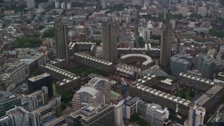 5.5K aerial stock footage approach Barbican Complex and London School for Girls, London England Aerial Stock Footage | AX115_094