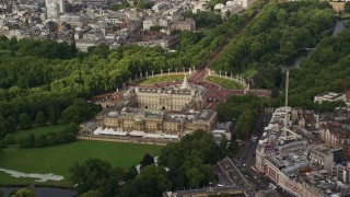 5.5K aerial stock footage of an orbit of Buckingham Palace, London, England Aerial Stock Footage | AX115_127E