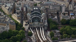 AX115_203E - 5.5K aerial stock footage of London Charing Cross Railway Station, England