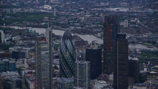 5.5K aerial stock footage of orbiting Central London skyscrapers, London, England, twilight Aerial Stock Footage | AX116_013E