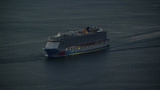 5.5K aerial stock footage of a cruise ship on Hudson River at sunrise, New York City Aerial Stock Footage | AX118_020