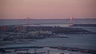 5.5K aerial stock footage of the Verrazano-Narrows Bridge at sunrise, New York Aerial Stock Footage | AX118_061