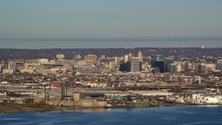 5.5K aerial stock footage of waterfront refineries and skyscrapers in Newark, New Jersey Aerial Stock Footage | AX118_222