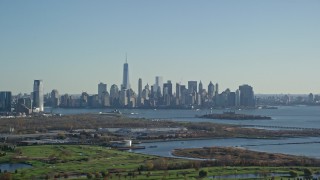 5.5K aerial stock footage of the towering skyline of Lower Manhattan in Autumn, New York City Aerial Stock Footage | AX119_005E