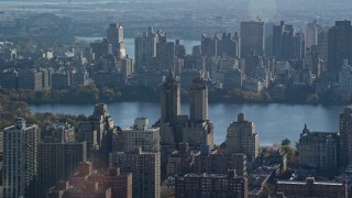 AX119_035E - 5.5K aerial stock footage of the Eldorado Apartment Complex in Autumn, Upper West Side, New York City